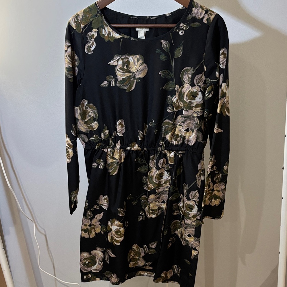 J. Crew Factory Black Floral Sleeve Dress (faux wrap skirt)
